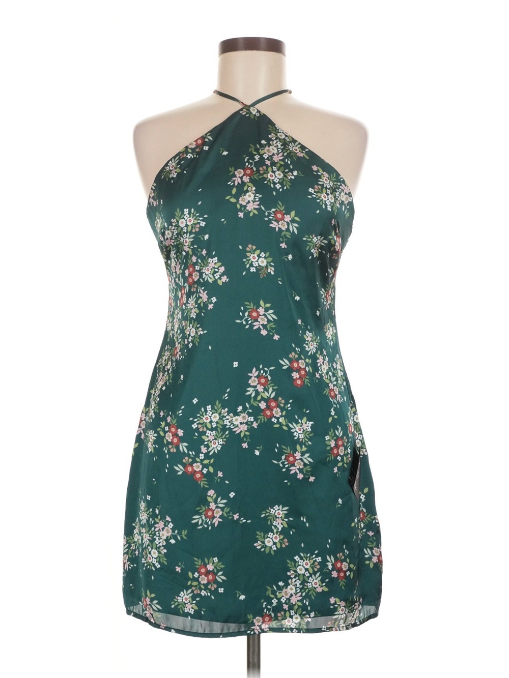 NWT Lulus Emerald Green Floral Dress Satin Mini Halter